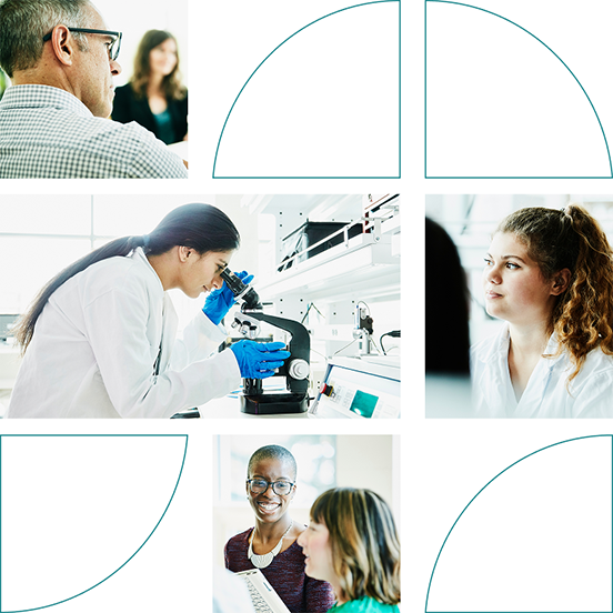 A collage showing the different types of people that work at Cordavis like a reasearcher using a microscope and coworkers collaborating.